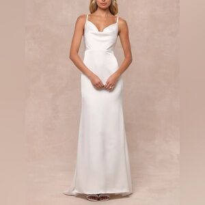 Lulus, Pristine Romance White Satin Cowl Neck Mermaid Maxi Dress